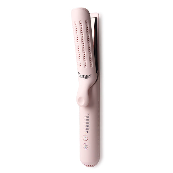 The blush Le Duo is open & stands vertically, showing cooling vents, temperature range & more.