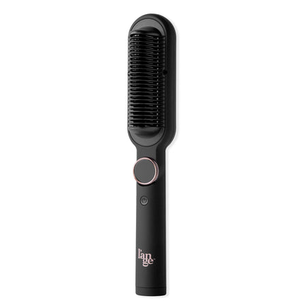 A black handheld electric comb with a circular dial and power button on the handle, designed for hair styling.
