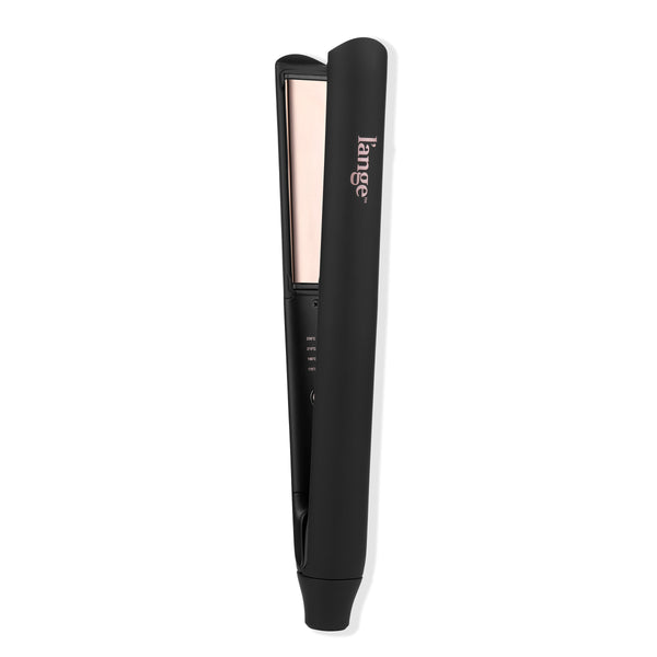 The black-colored Straight Forward Titanium Flat Iron stands in a white background with a titanium plate showing.