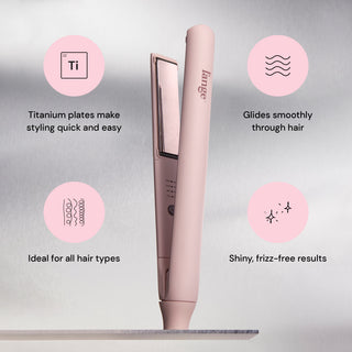 Icons & captions surround the blush Straight Forward Titanium Flat Iron explaining benefits about how fast it works and other features. 