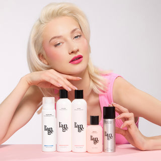 model with styled hair posing with L'ange hair care