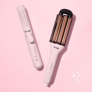 Two L’ange hair styling tools displayed on a pink background.