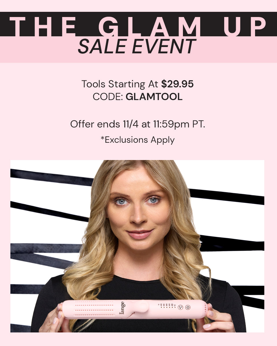Woman with long blonde hair holding a pink hair styling tool, promoting a sale event with discounts on tools starting at $29.95, using code GLAMTOOL.