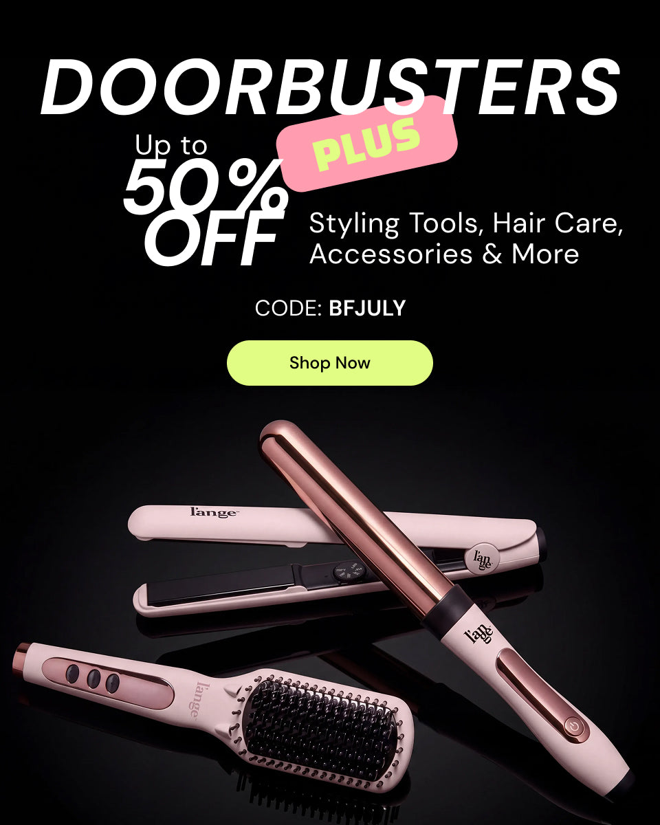 Promotional Banner. Text reads "Doorbusters + Up to 50% OFF. Styling tools, Hair care, Accessories & More. Code: BFJULY" Below there is a "Shop Now" button