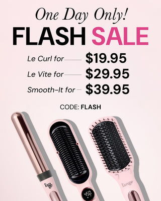 One Day Flash Sale Banner. On the top of the banner it reads “One Day Only!" , followed by the text “Flash Sale” in black and pink. It lists the promotional offers as “Le Curl for $19.95” “Le Vite for $29.95” and “Smooth-It for $39.95” along with a promo code: “FLASH”. At the bottom, the three promotional tools are displayed side by side against a light pink background.