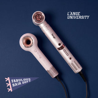 Two L'ANGE University hair styling tools (Axia and TurboStyle) displayed on a dark blue background