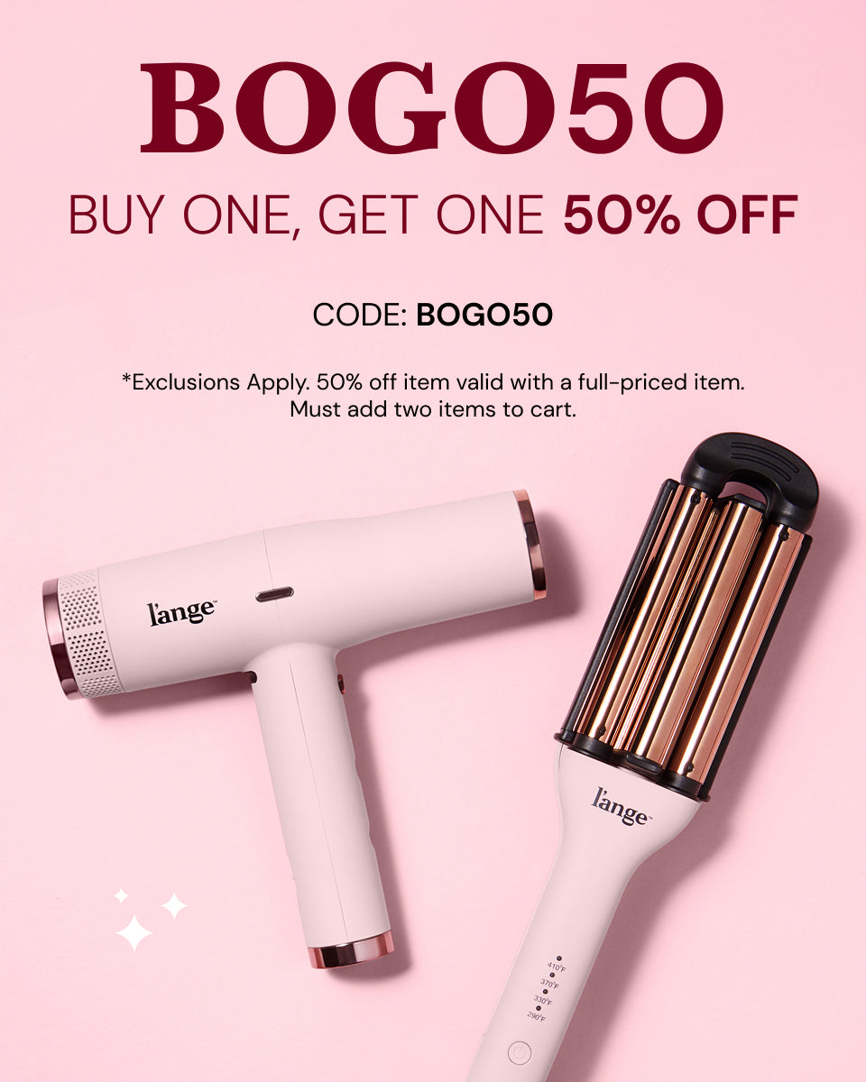 Promotional banner for BOGO50 sale. Text reads “BUY ONE, GET ONE 50% OFF. CODE: BOGO50.” Small print notes “Exclusions apply. 50% off item valid with a full-priced item. Must add two items to cart.” 