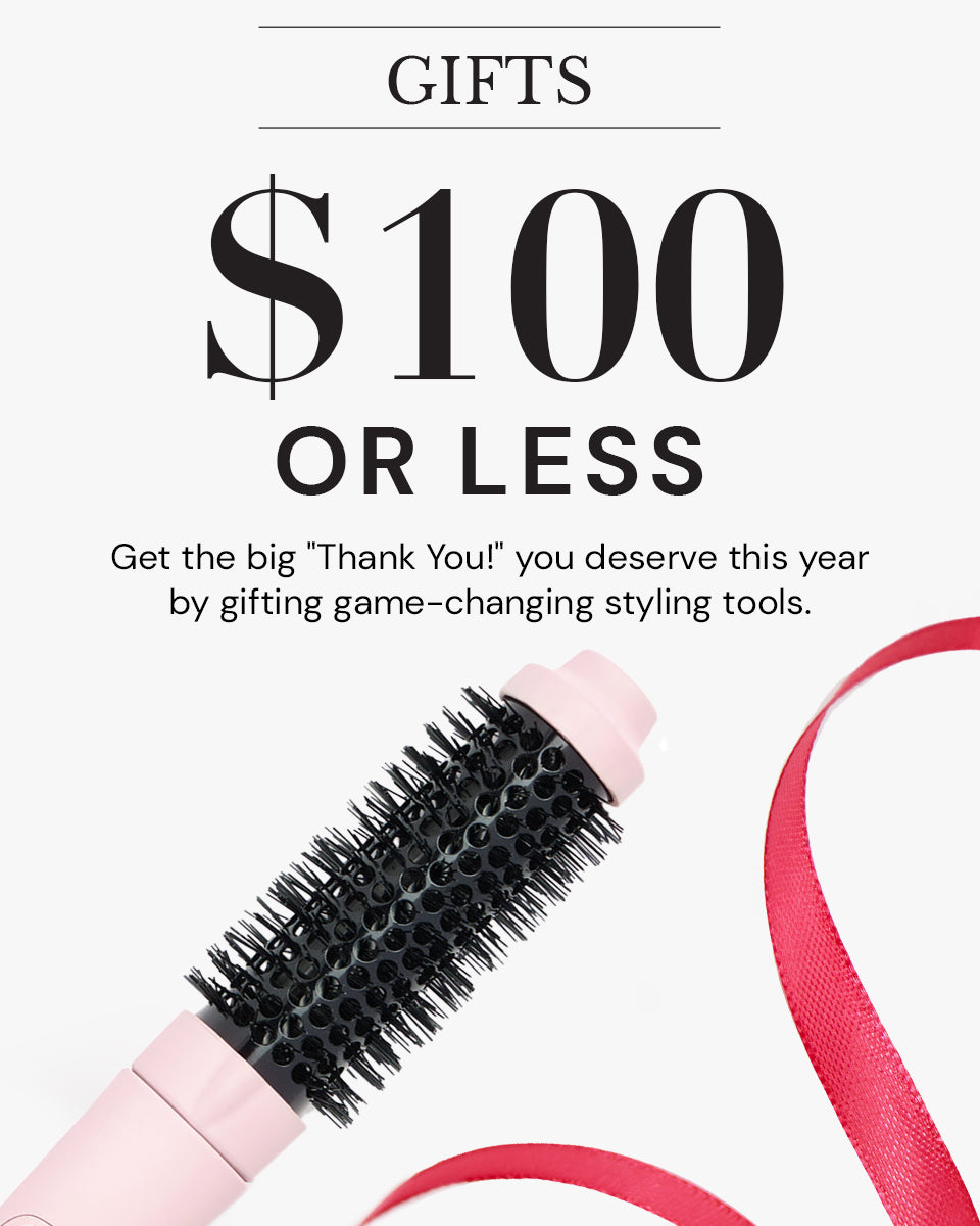 Promotional text highlights gifts priced at $100 or less, featuring a pink styling tool with a red ribbon accent.