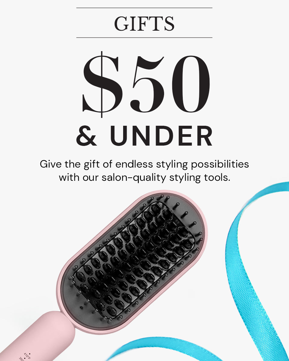 Promotional text highlights gifts priced $50 and under, featuring a pink hair styling tool with black bristles alongside a blue ribbon.