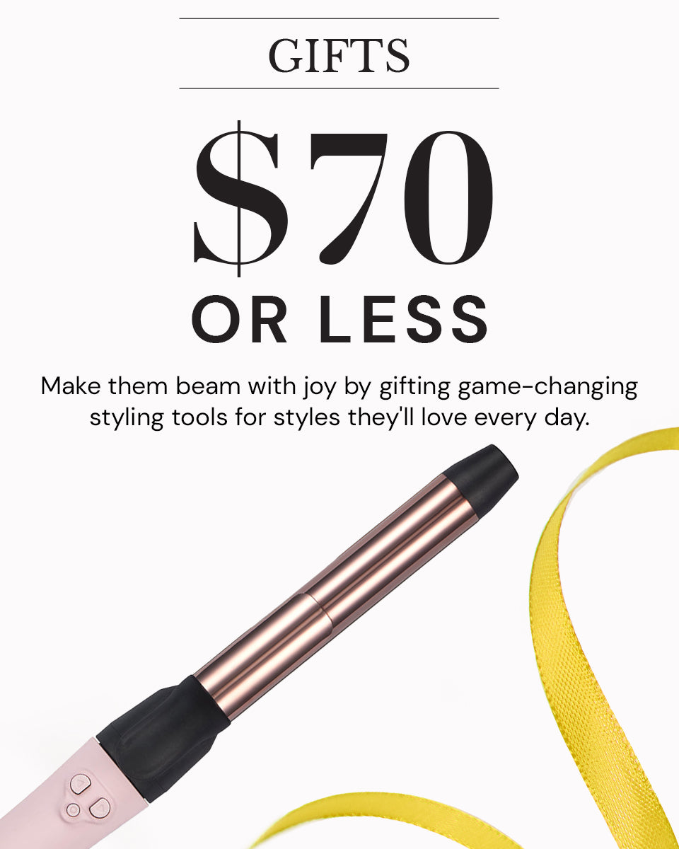 Curling wand with a metallic finish, advertised for $70 or less, accompanied by a yellow ribbon accent.
