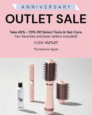 Anniversary outlet sale offering 45% to 70% off select tools and hair care products with code "OUTLET". Features curling wand, hairbrush dryer, straightener, and curl care shampoo. Exclusions apply.