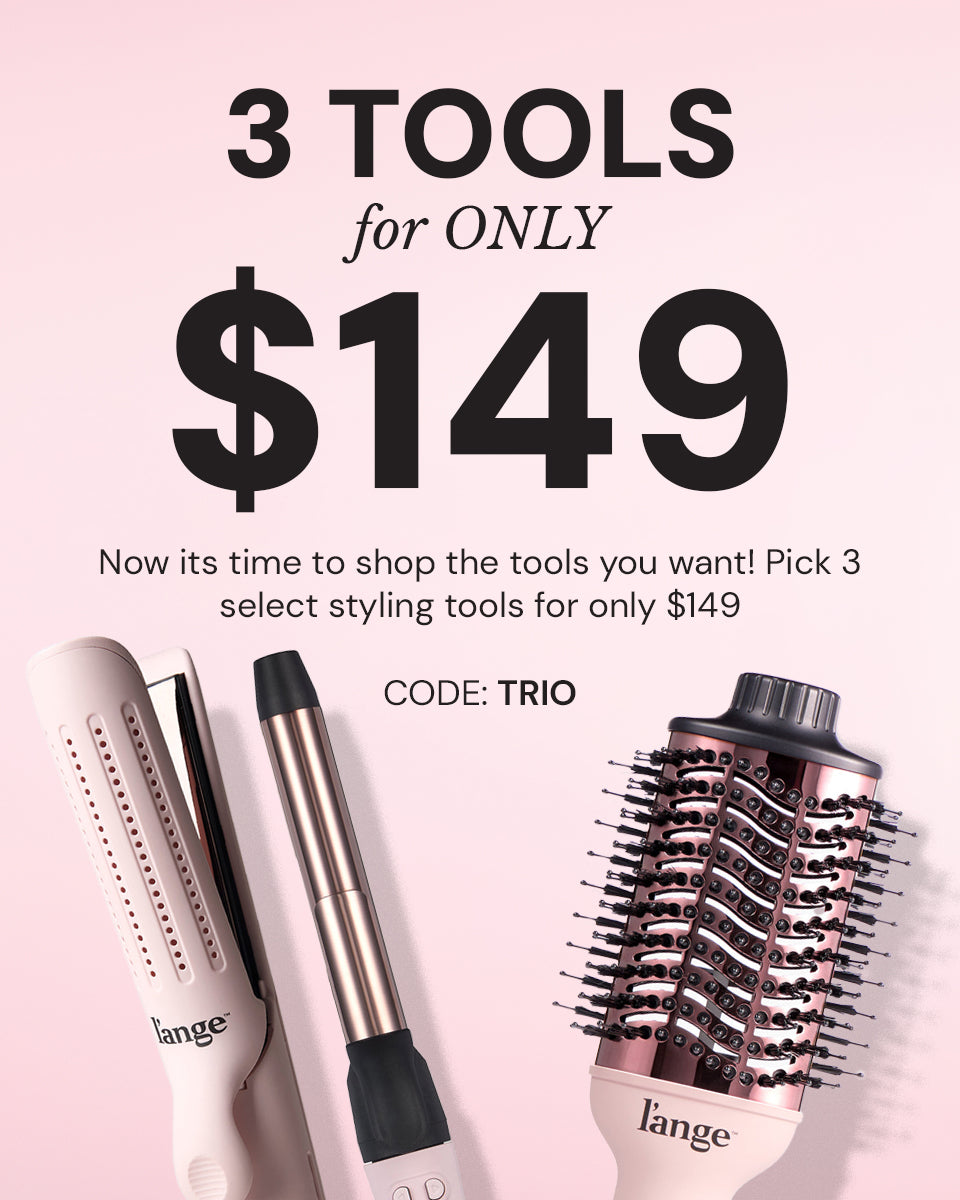 Promotion for a set of three styling tools for $149, featuring a styling iron, curling wand, and blow dryer brush, with the code "TRIO".