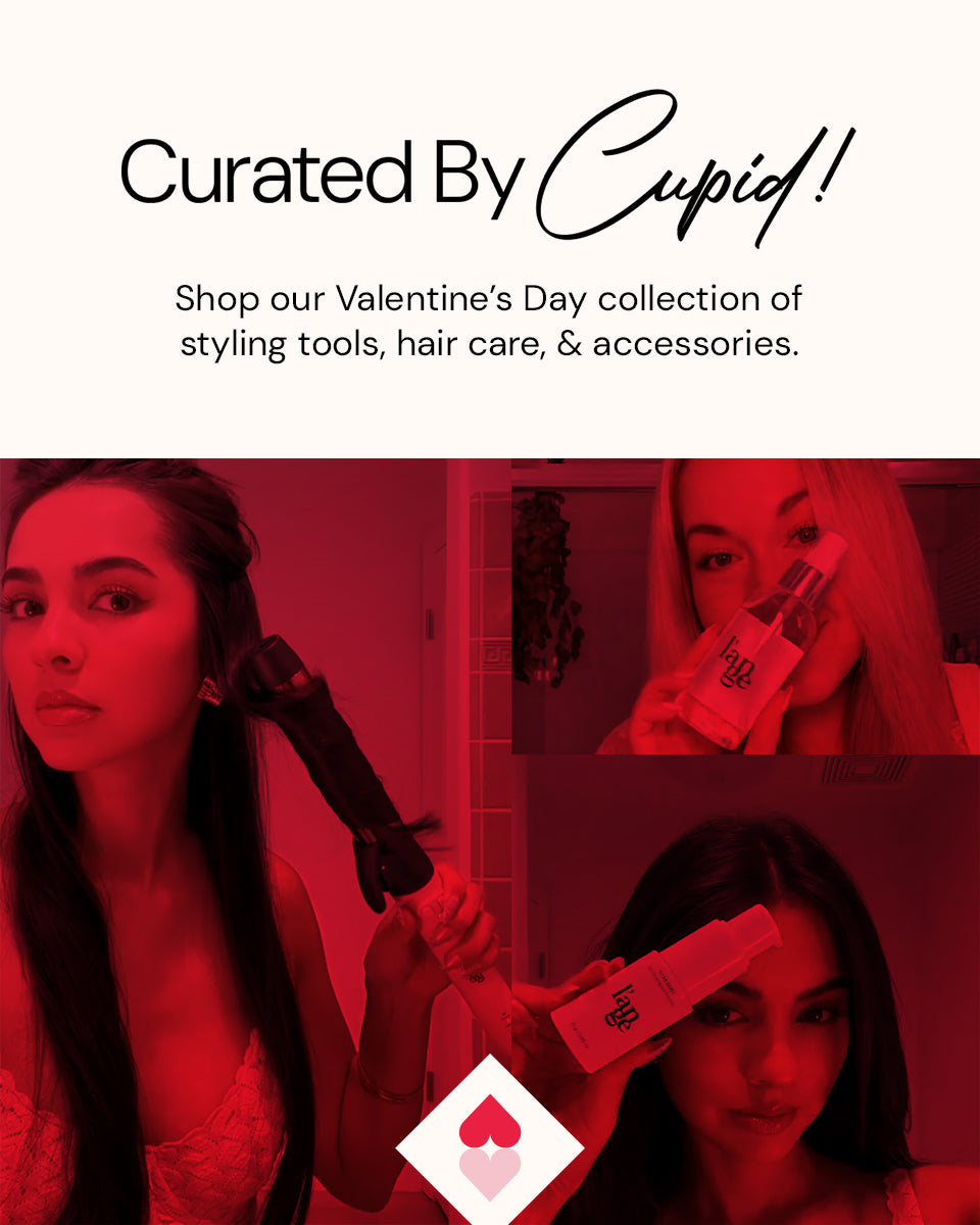 Promotional banner for a Valentine's Day collection featuring styling tools, hair care products, and accessories, with a red-toned background and individuals holding hair styling items.