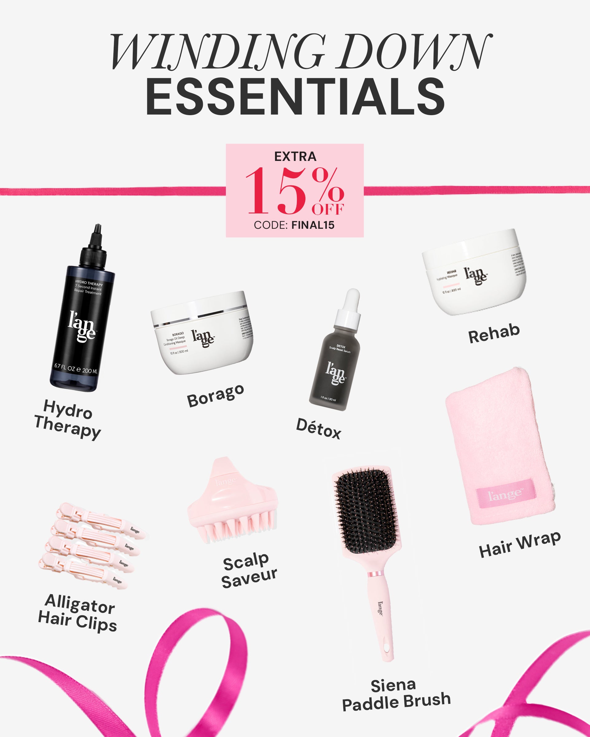 A collection of hair care products including treatment bottles, styling tools, and accessories, with a promotion for 15% off using the code FINAL15.