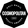 A black hexagonal badge with white text reading 'HOLY GRAIL COSMOPOLITAN 2026 BEAUTY AWARDS'.