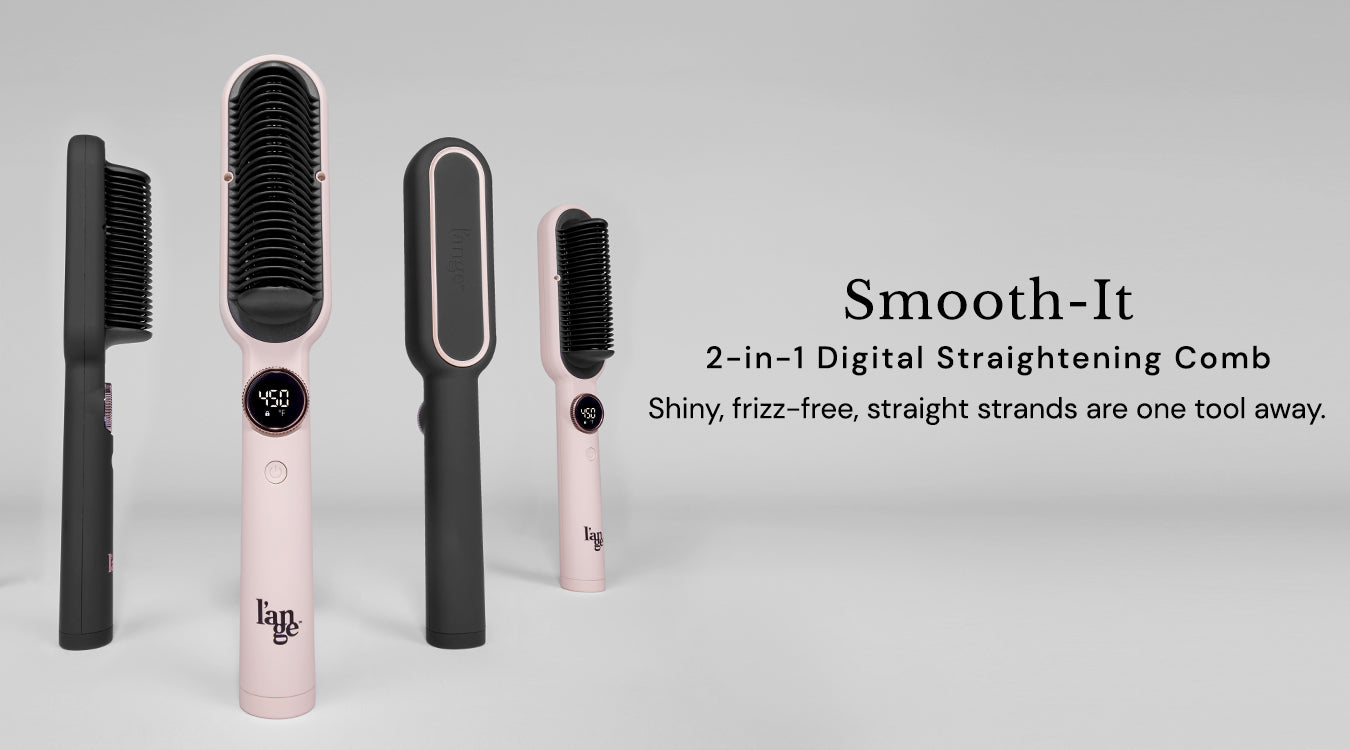 The image shows a collection of 2-in-1 digital straightening combs, featuring a sleek design with a temperature display, alongside text promoting shiny, frizz-free, straight hair.