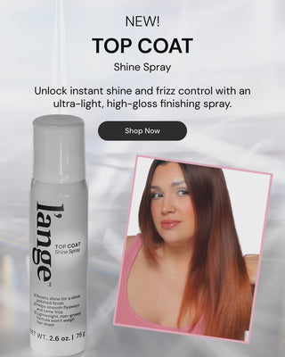 Promotional Banner. Text reads "NEW! TOP COAT Shine Spray. Unlock instant shine and frizz control with an ultra-light, high-gloss finishing spray." Below there is a "Shop Now" button