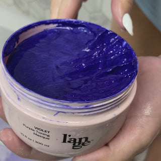 Violet Masque being applied to wet hair with beautiful results from brassy hair before to a beautiful transformation after