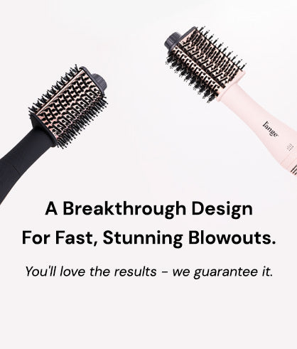 Two hair styling brushes with a modern design are shown alongside text promoting fast, effective blowouts with a satisfaction guarantee.
