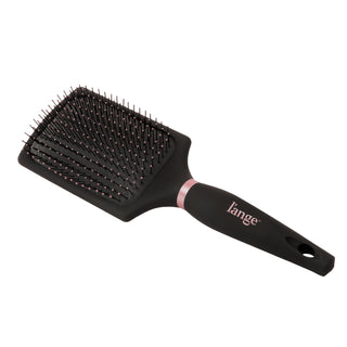 A diagonal view of the black Siena Paddle Brush shows the pink-tipped bristles, decorative pink ring, and logo.