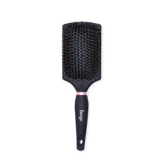 The black boar bristle brush stands vertically so you can see the paddle, logo, & soft-touch handle.
