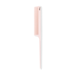 The pink teasing comb stands vertically so you can see the fine teeth and pointed tail handle.