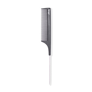 The carbon-fiber hair comb stands vertically, showing its black fine teeth, and pointed metal tail.
