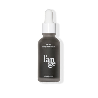 Clear 1fl oz bottle with dark gray Detox Scalp Rest Serum & L’ange logo in white font & white droplet