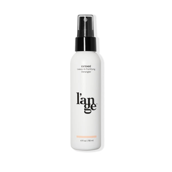 White 4fl oz bottle with Extende Leave-In Fortifying Detangler black font, L’ange logo & black pump