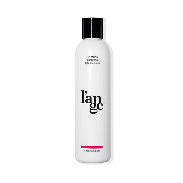 White 8oz bottle with La Mane Borage Oil Silk Shampoo in black font and L’ange logo with black cap