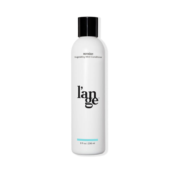 White 8oz bottle with black Refresh Invigorating Mint Conditioner, black L’ange logo & black cap