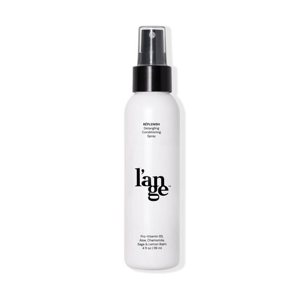 White bottle with black font  Replenish Detangling Conditioning Spray, L’ange logo & black spray cap