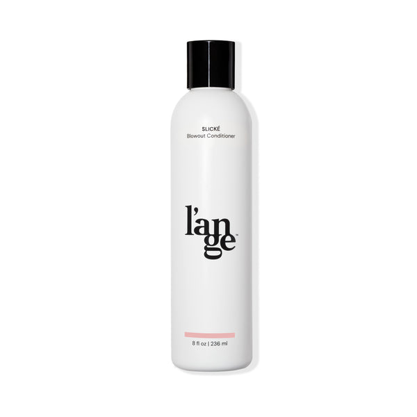 White 8oz bottle with Slicke Blowout Conditioner in black font, black L’ange logo & black cap