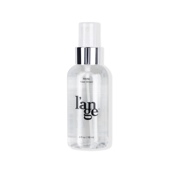 Clear 4fl oz spray bottle with Rival Heat Shield and L’ange logo in black font with clear spray tap