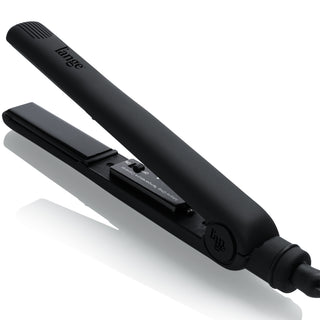 A black hair straightener with a sleek design, featuring adjustable temperature controls from the brand Lange.