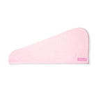 The baby pink hair wrap is unfolded so you can see its convenient triangular shape.