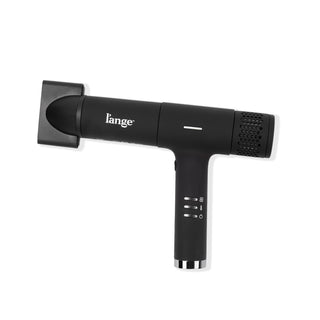 Slim black t-shape hair dryer with heat, speed, power buttons and small black air concentrator