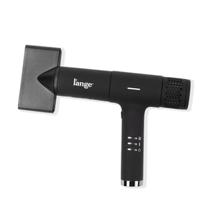 Slim black t-shape hair dryer with heat, speed, power buttons and larger black air concentrator