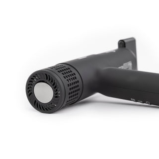 Back view of black slim hair dryer with black LCD display, black air concentrator