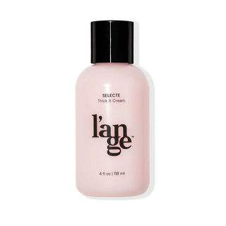 Clear 4fl oz bottle of pink Selecte Thick It Cream in black font with black L’ange logo
