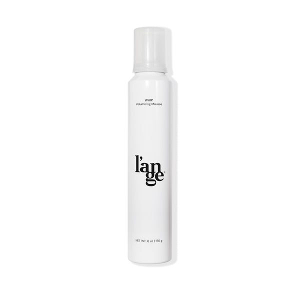 White 6 oz bottle with black font WHIP Volumizing Mousse, black L’ange logo & white plastic cover