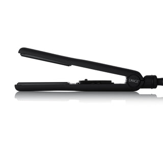 Black hair straightener with a sleek design and the logo "L'ANGE" on the handle, positioned against a white background.