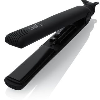 A black, sleek hair straightener with a glossy finish and the brand name "L'ANGE" printed on it.