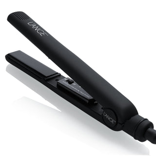 A black hair straightener with the brand name "L'ANGE" displayed, featuring an adjustable temperature control knob.