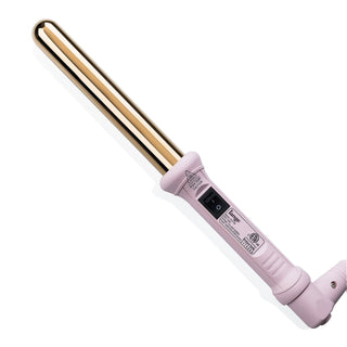 A pink curling wand with a shiny gold barrel, featuring a control switch on the handle.