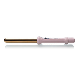 A pink curling wand with a shiny gold barrel and a digital display on the handle, designed for styling hair.