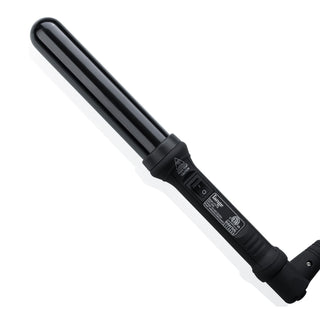 A black curling wand with a smooth cylindrical barrel and an on/off switch on the handle.