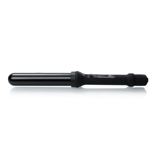A sleek, black curling wand with a cylindrical barrel and a digital control handle.