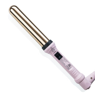 A pink curling wand with a gold barrel and a black power switch on the handle.