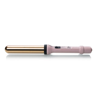 A pink and gold curling wand with a smooth barrel and a simple on/off switch on the handle.